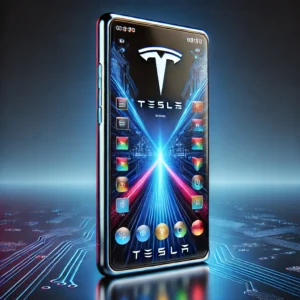 A futuristic smartphone inspired by Tesla's design aesthetics, featuring a sleek, metallic body with sharp edges and a large, vibrant