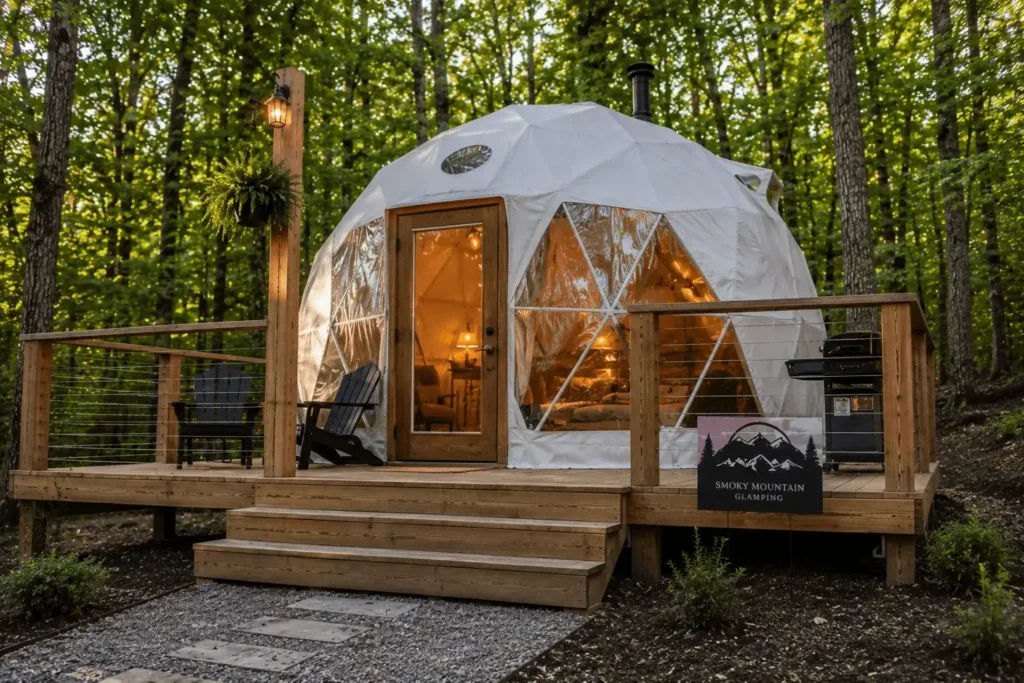 Interior or exterior shot of a geodesic dome at night with stars visible or fairy lights