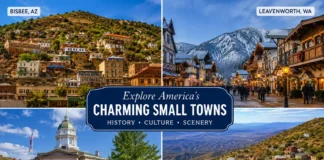 Hidden Gems USA travel collage showcasing Bisbee Arizona, Leavenworth Washington, Staunton Virginia, and Jerome Arizona among the best underrated small towns in America.