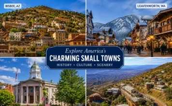 Hidden Gems USA travel collage showcasing Bisbee Arizona, Leavenworth Washington, Staunton Virginia, and Jerome Arizona among the best underrated small towns in America.