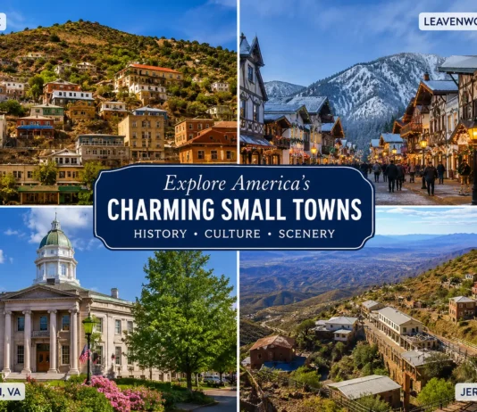 Hidden Gems USA: 50 Underrated Small Towns Worth the Detour in 2026 Hidden Gems USA travel collage showcasing Bisbee Arizona, Leavenworth Washington, Staunton Virginia, and Jerome Arizona among the best underrated small towns in America.