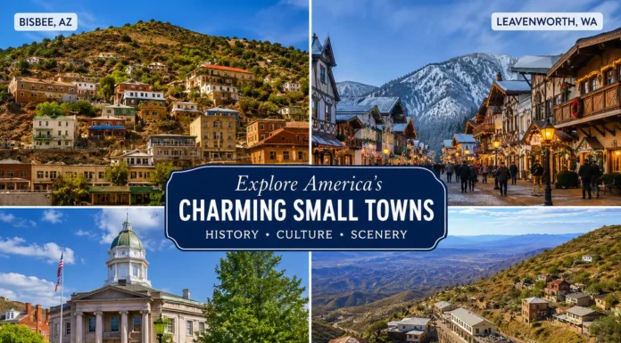 Hidden Gems USA: 50 Underrated Small Towns Worth the Detour in 2026 Hidden Gems USA travel collage showcasing Bisbee Arizona, Leavenworth Washington, Staunton Virginia, and Jerome Arizona among the best underrated small towns in America.