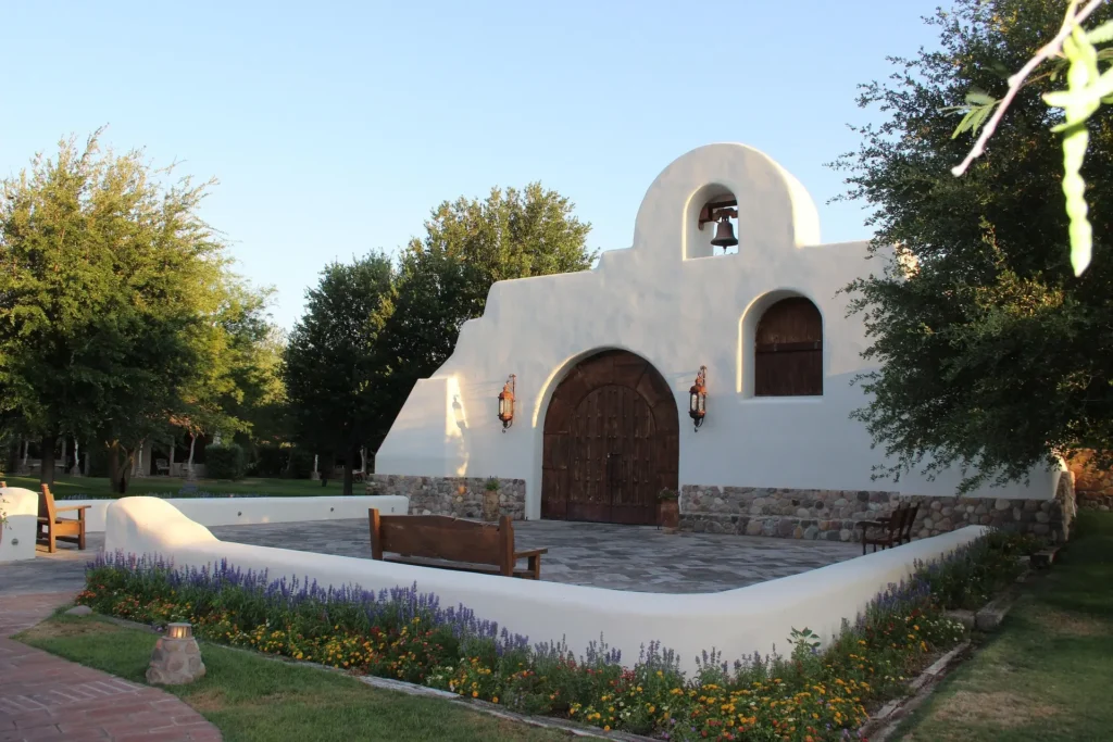 Scenic Tubac Arizona historic art village in Santa Cruz Valley with desert mountains