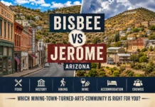 Bisbee AZ vs Jerome AZ: Which Arizona Small Town Should You Visit? Bisbee vs Jerome AZ comparison featuring Arizona's historic mining towns with colorful streets, hillside views, art, history, and travel attractions.
