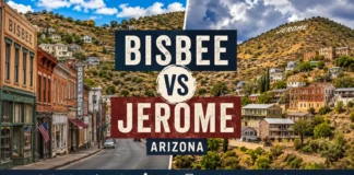 Bisbee vs Jerome AZ comparison featuring Arizona's historic mining towns with colorful streets, hillside views, art, history, and travel attractions.