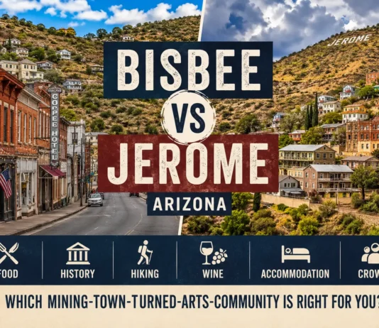 Bisbee AZ vs Jerome AZ: Which Arizona Small Town Should You Visit? Bisbee vs Jerome AZ comparison featuring Arizona's historic mining towns with colorful streets, hillside views, art, history, and travel attractions.