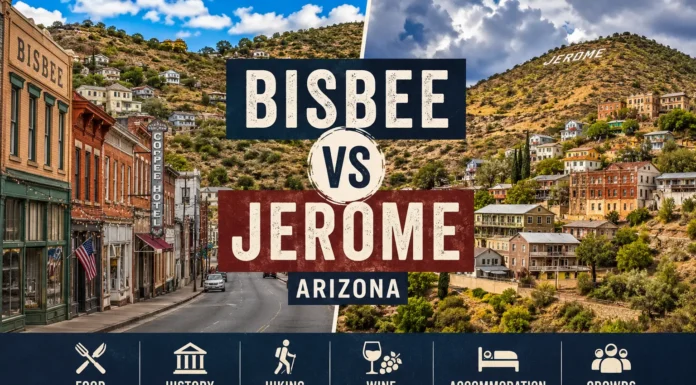 Bisbee AZ vs Jerome AZ: Which Arizona Small Town Should You Visit? Bisbee vs Jerome AZ comparison featuring Arizona's historic mining towns with colorful streets, hillside views, art, history, and travel attractions.