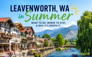Leavenworth WA summer with Bavarian village, mountains, and Wenatchee River