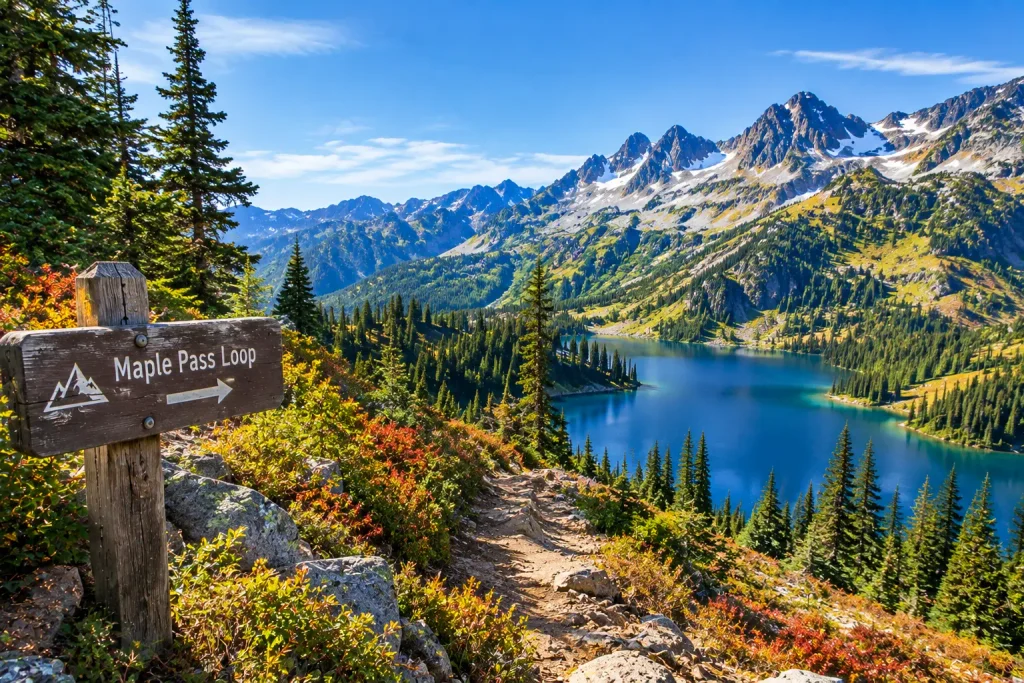 Hiking near Leavenworth WA on Maple Pass Loop with alpine lakes and mountain views.