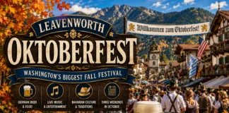 Leavenworth Oktoberfest in Washington with Bavarian food, music, beer and mountain scenery