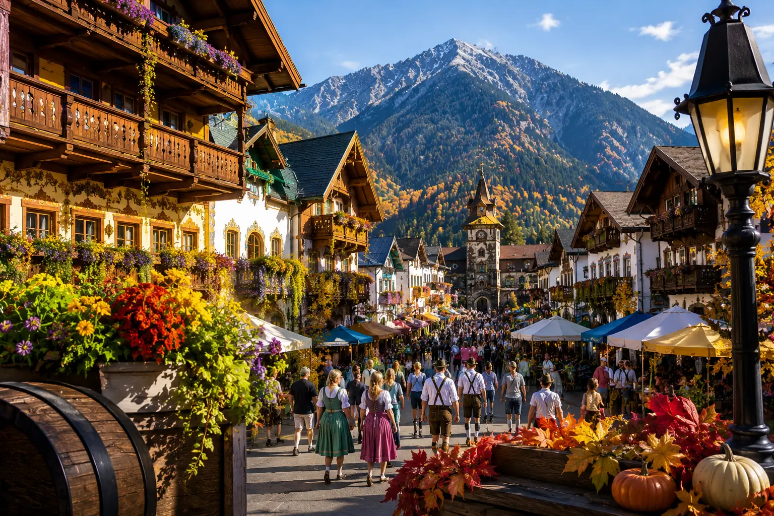 Leavenworth Washington village during Oktoberfest with Bavarian buildings and autumn mountains