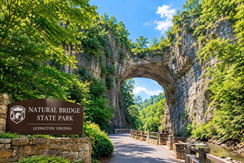 The historic 215-foot limestone arch at Natural Bridge State Park in Lexington VA, viewed from Cedar Creek Trail.